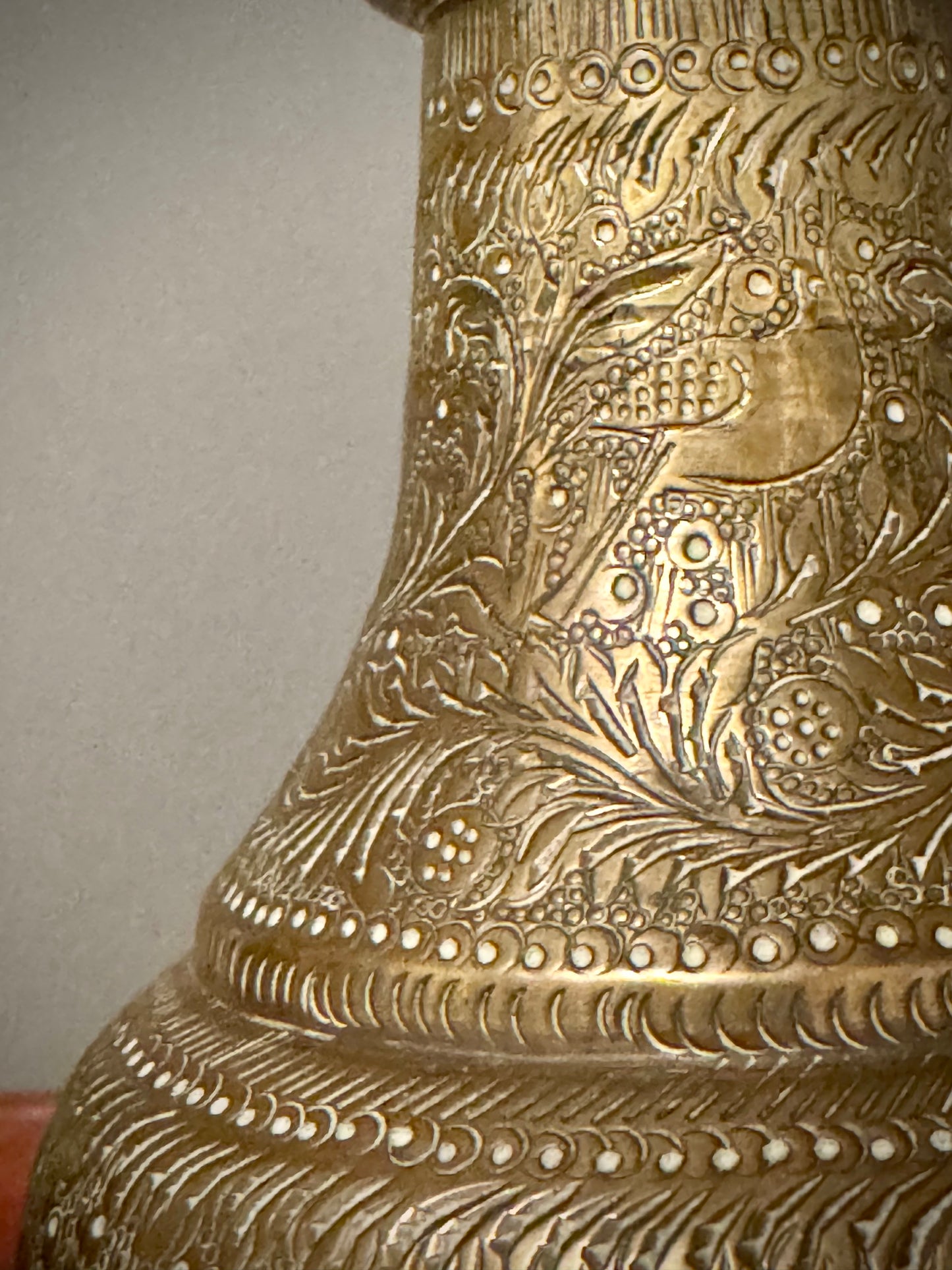 Height: 23 cm Width: 10 cm Weight: 570 g each Bore diameter: 3.5 cm These beautiful traditional Traditional Karuwa Vessels were almost certainly brought back to the UK by the previous owner’s grandparents after they lived in Ceylon (now Sri Lanka) in the 1920s. She remembers seeing them in her grandmother’s house when she was a child in the early 1950s. After her grandmother passed away in 1978, they were stored in her mother’s loft and then moved to hers in 2000. Each karuwa stands 9 inches tall and weighs